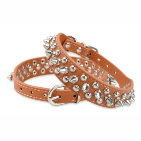Spiked Studded Leather Dog Collar Rivets Pet Small Large Cat Pit Bull Adjustable (Color: Brown, size: S)