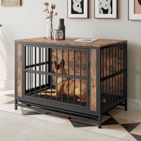 Dog Crate Furniture, Wooden Dog Crate Table, 38.9" Dog Kennel with 2 Sliding Doors and Thick Iron Door Frame (Color: as Pic)